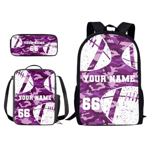 Xoenoiee Individuelles Rucksack-Set, 3-teilig, Schultasche, Lunchtasche, Federmäppchen für Jungen und Mädchen, gestalten Sie Ihren Namen und Ihre Nummer, American Football Purple Camo, Einheitsgröße von Xoenoiee