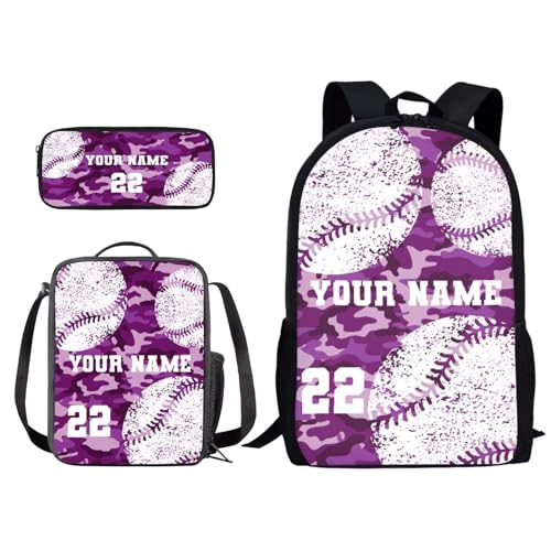 Xoenoiee Individuelles Rucksack-Set, 3-teilig, Schultasche, Lunchtasche, Federmäppchen für Jungen und Mädchen, gestalten Sie Ihren Namen und Ihre Nummer, Baseball Purple Camo, Einheitsgröße von Xoenoiee