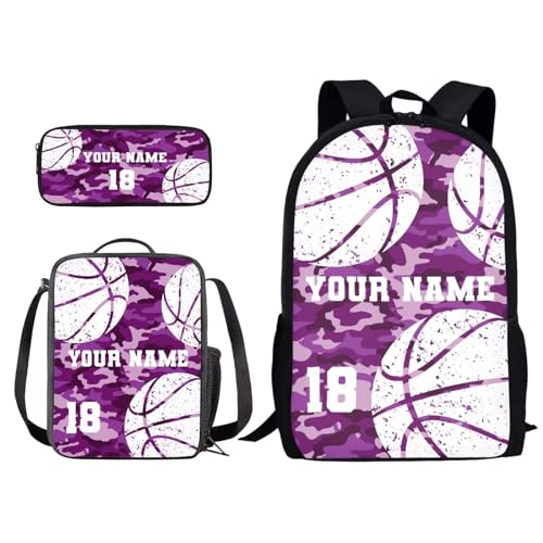 Xoenoiee Individuelles Rucksack-Set, 3-teilig, Schultasche, Lunchtasche, Federmäppchen für Jungen und Mädchen, gestalten Sie Ihren Namen und Ihre Nummer, Basketball, Violett, Camouflage, Einheitsgröße von Xoenoiee