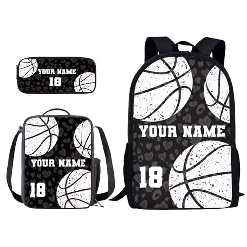 Xoenoiee Individuelles Rucksack-Set, 3-teilig, Schultasche, Lunchtasche, Federmäppchen für Jungen und Mädchen, gestalten Sie Ihren Namen und Ihre Nummer, Basketball-Herzen, Einheitsgröße von Xoenoiee