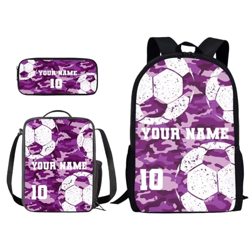 Xoenoiee Individuelles Rucksack-Set, 3-teilig, Schultasche, Lunchtasche, Federmäppchen für Jungen und Mädchen, gestalten Sie Ihren Namen und Ihre Nummer, Fußball-Violett, Camouflage, Einheitsgröße von Xoenoiee