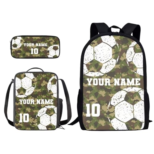Xoenoiee Individuelles Rucksack-Set, 3-teilig, Schultasche, Lunchtasche, Federmäppchen für Jungen und Mädchen, gestalten Sie Ihren Namen und Ihre Nummer, Grüner Camouflage-Fußball, Einheitsgröße von Xoenoiee