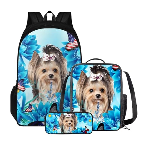 Xoenoiee Kinder-Büchertasche + Lunchbox + Federmäppchen für Schüler, große Kapazität, Schultasche, Rucksack-Set für Jungen und Mädchen, 3 Stück, Blue Butterfly Yorkshire Terrier von Xoenoiee