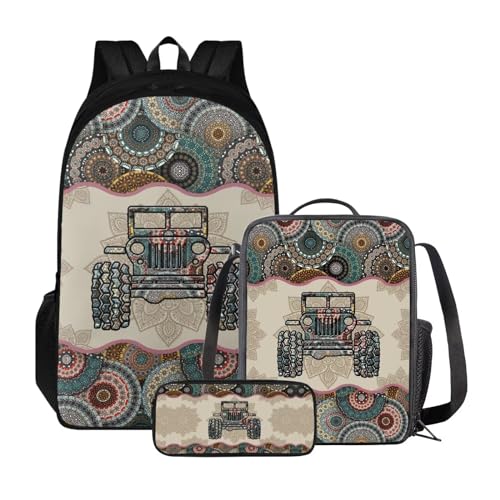 Xoenoiee Kinder-Büchertasche + Lunchbox + Federmäppchen für Schüler, große Kapazität, Schultasche, Rucksack-Set für Jungen und Mädchen, 3 Stück, Boho Mandala Truck von Xoenoiee