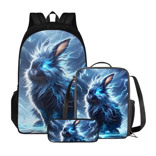 Xoenoiee Kinder-Büchertasche + Lunchbox + Federmäppchen für Schüler, große Kapazität, Schultasche, Rucksack-Set für Jungen und Mädchen, 3 Stück, Cool Rabbit Lightning von Xoenoiee