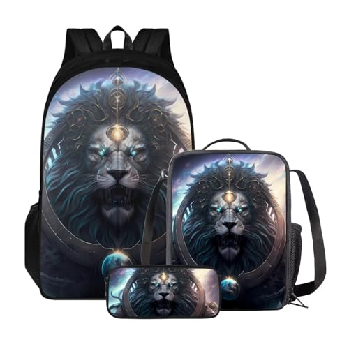 Xoenoiee Kinder-Büchertasche + Lunchbox + Federmäppchen für Schüler, große Kapazität, Schultasche, Rucksack-Set für Jungen und Mädchen, 3 Stück, Cooler Löwe von Xoenoiee