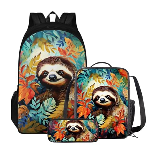 Xoenoiee Kinder-Büchertasche + Lunchbox + Federmäppchen für Schüler, große Kapazität, Schultasche, Rucksack-Set für Jungen und Mädchen, 3 Stück, Faultierblatt von Xoenoiee