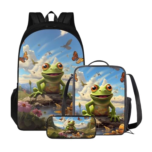 Xoenoiee Kinder-Büchertasche + Lunchbox + Federmäppchen für Schüler, große Kapazität, Schultasche, Rucksack-Set für Jungen und Mädchen, 3 Stück, Frosch, Schmetterling von Xoenoiee