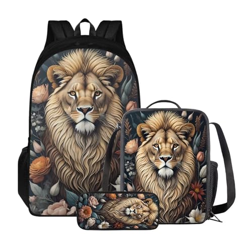 Xoenoiee Kinder-Büchertasche + Lunchbox + Federmäppchen für Schüler, große Kapazität, Schultasche, Rucksack-Set für Jungen und Mädchen, 3 Stück, Löwenblumen von Xoenoiee