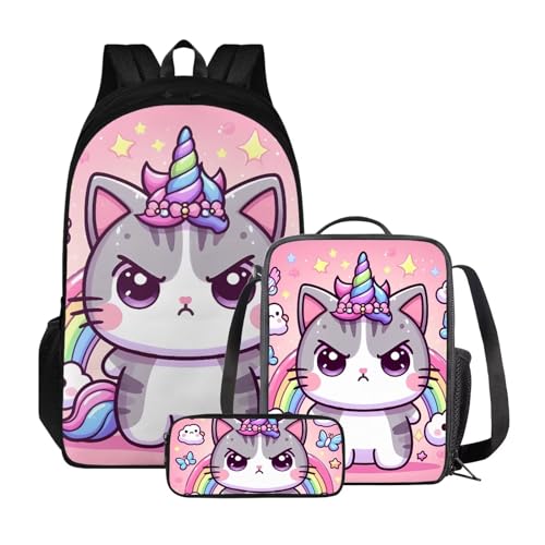 Xoenoiee Kinder-Büchertasche + Lunchbox + Federmäppchen für Schüler, große Kapazität, Schultasche, Rucksack-Set für Jungen und Mädchen, 3 Stück, Niedliches Einhorn-Regenbogen von Xoenoiee