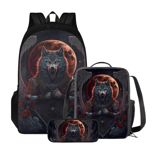 Xoenoiee Kinder-Büchertasche + Lunchbox + Federmäppchen für Schüler, große Kapazität, Schultasche, Rucksack-Set für Jungen und Mädchen, 3 Stück, Wolf Red Rose Moon von Xoenoiee