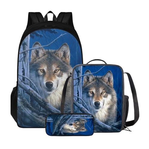 Xoenoiee Kinder-Büchertasche + Lunchbox + Federmäppchen für Schüler, große Kapazität, Schultasche, Rucksack-Set für Jungen und Mädchen, 3 Stück, Wolfsbaum von Xoenoiee