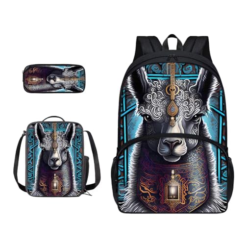 Xoenoiee Kinder-Rucksack-Set für Jungen und Mädchen, 43,2 cm, Schulrucksack, Lunchtasche, Federmäppchen, 3-in-1-Set für Schule, Picknick, Reisen, Ethnisches Tribal-Alpaka von Xoenoiee