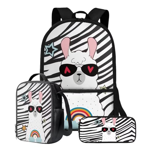 Xoenoiee Kinder-Rucksack-Set für Jungen und Mädchen, 43,2 cm, Schulrucksack, Lunchtasche, Federmäppchen, 3-teiliges Set für Schule, Picknick, Reisen, Alpaka und Zebrastreifen von Xoenoiee