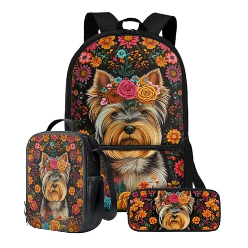 Xoenoiee Kinder-Rucksack-Set für Jungen und Mädchen, 43,2 cm, Schulrucksack, Lunchtasche, Federmäppchen, 3-teiliges Set für Schule, Picknick, Reisen, Boho Floral Yorkshire Terrier von Xoenoiee