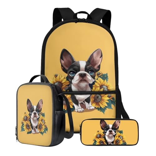 Xoenoiee Kinder-Rucksack-Set für Jungen und Mädchen, 43,2 cm, Schulrucksack, Lunchtasche, Federmäppchen, 3-teiliges Set für Schule, Picknick, Reisen, Boston Terrier Sonnenblume von Xoenoiee