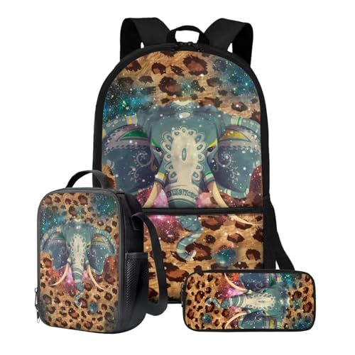 Xoenoiee Kinder-Rucksack-Set für Jungen und Mädchen, 43,2 cm, Schulrucksack, Lunchtasche, Federmäppchen, 3-teiliges Set für Schule, Picknick, Reisen, Elefant Leopard von Xoenoiee