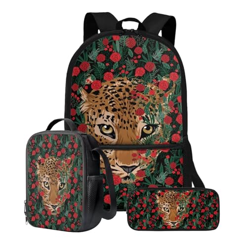 Xoenoiee Kinder-Rucksack-Set für Jungen und Mädchen, 43,2 cm, Schulrucksack, Lunchtasche, Federmäppchen, 3-teiliges Set für Schule, Picknick, Reisen, Leoparden-Rosen, Blumen von Xoenoiee