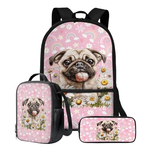 Xoenoiee Kinder-Rucksack-Set für Jungen und Mädchen, 43,2 cm, Schulrucksack, Lunchtasche, Federmäppchen, 3-teiliges Set für Schule, Picknick, Reisen, Mops, Gänseblümchen, Blumenmuster, Rosa von Xoenoiee