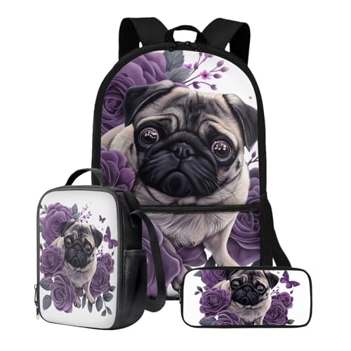 Xoenoiee Kinder-Rucksack-Set für Jungen und Mädchen, 43,2 cm, Schulrucksack, Lunchtasche, Federmäppchen, 3-teiliges Set für Schule, Picknick, Reisen, Mops, Hund, lila, Rose, Schmetterling von Xoenoiee