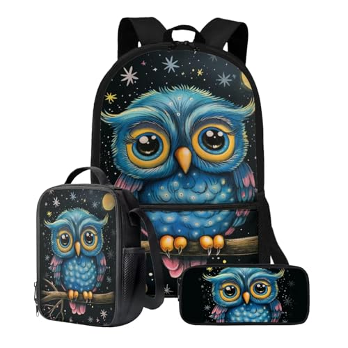 Xoenoiee Kinder-Rucksack-Set für Jungen und Mädchen, 43,2 cm, Schulrucksack, Lunchtasche, Federmäppchen, 3-teiliges Set für Schule, Picknick, Reisen, Niedliche blaue Eule von Xoenoiee