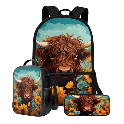 Xoenoiee Kinder-Rucksack-Set für Jungen und Mädchen, 43,2 cm, Schulrucksack, Lunchtasche, Federmäppchen, 3-teiliges Set für Schule, Picknick, Reisen, Rinderblumen von Xoenoiee