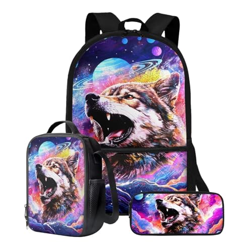 Xoenoiee Kinder-Rucksack-Set für Jungen und Mädchen, 43,2 cm, Schulrucksack, Lunchtasche, Federmäppchen, 3-teiliges Set für Schule, Picknick, Reisen, Wolf, bunte Galaxie von Xoenoiee