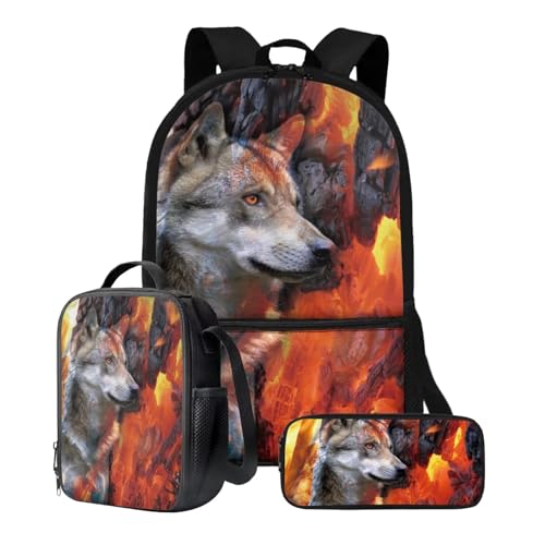 Xoenoiee Kinder-Rucksack-Set für Jungen und Mädchen, 43,2 cm, Schulrucksack, Lunchtasche, Federmäppchen, 3-teiliges Set für Schule, Picknick, Reisen, Wolf Feuerbaum von Xoenoiee