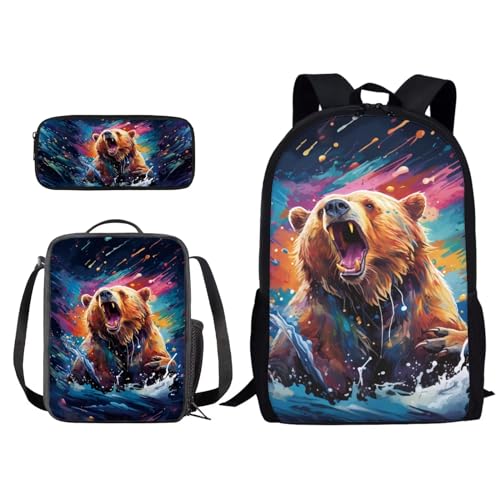 Xoenoiee Kinder-Rucksack-Set für Jungen und Mädchen, Schule, Büchertasche, Lunchtasche, Federmäppchen, 3-in-1-Set, Wandern, Reisen, Tagesrucksack, Farbenfroher Farbbär, Einheitsgröße von Xoenoiee