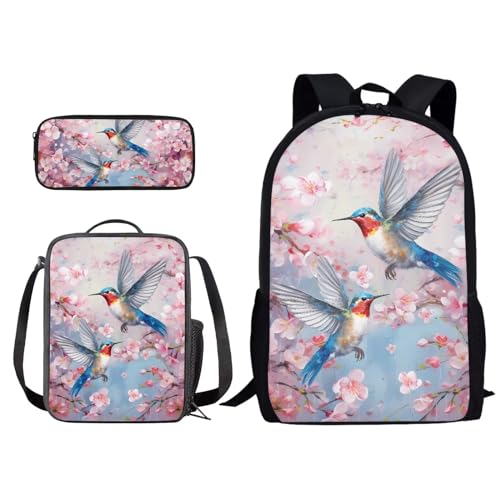 Xoenoiee Kinder-Rucksack-Set für Jungen und Mädchen, Schule, Büchertasche, Lunchtasche, Federmäppchen, 3-in-1-Set, Wandern, Reisen, Tagesrucksack, Kolibri rosa Blumen, Einheitsgröße von Xoenoiee