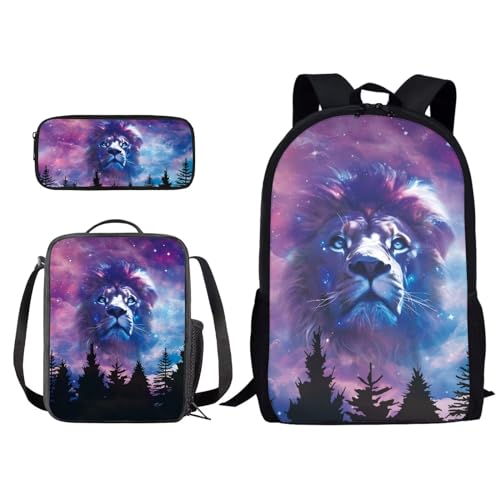 Xoenoiee Kinder-Rucksack-Set für Jungen und Mädchen, Schule, Büchertasche, Lunchtasche, Federmäppchen, 3-in-1-Set, Wandern, Reisen, Tagesrucksack, Löwen-Galaxie, Einheitsgröße von Xoenoiee