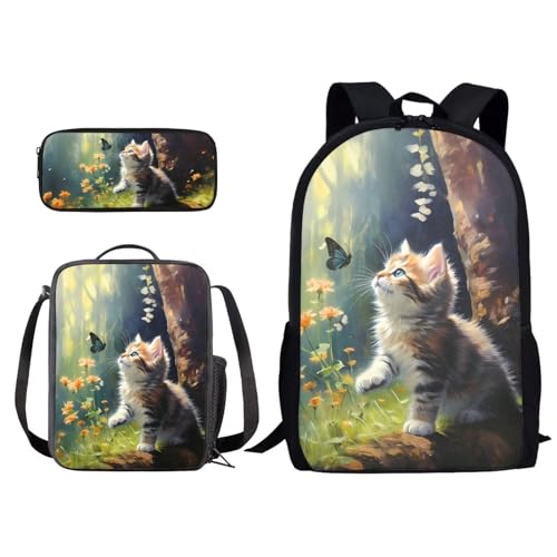 Xoenoiee Kinder-Rucksack-Set für Jungen und Mädchen, Schule, Büchertasche, Lunchtasche, Federmäppchen, 3-in-1-Set, Wandern, Reisen, Tagesrucksack, Niedlicher Katzenwald, Einheitsgröße von Xoenoiee