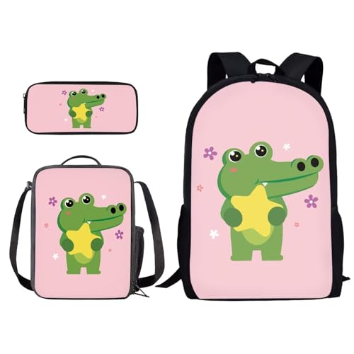 Xoenoiee Kinder-Rucksack-Set für Jungen und Mädchen, Schule, Büchertasche, Lunchtasche, Federmäppchen, 3-in-1-Set, Wandern, Reisen, Tagesrucksack, Süße Krokodilsterne rosa, Einheitsgröße von Xoenoiee