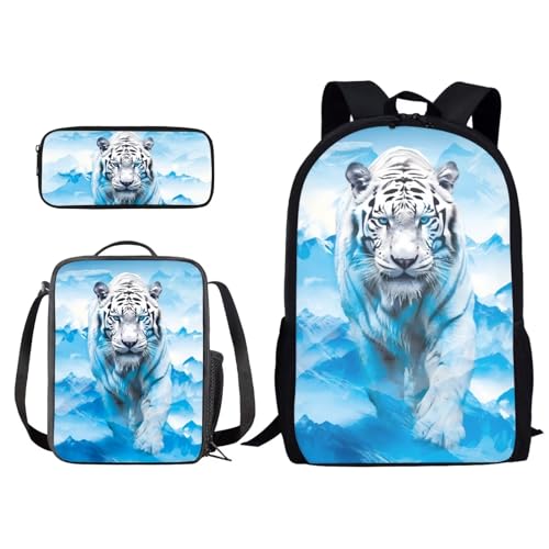 Xoenoiee Kinder-Rucksack-Set für Jungen und Mädchen, Schule, Büchertasche, Lunchtasche, Federmäppchen, 3-in-1-Set, Wandern, Reisen, Tagesrucksack, Weißer Tiger-Eisberg, Einheitsgröße von Xoenoiee