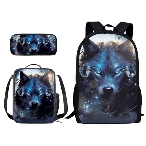 Xoenoiee Kinder-Rucksack-Set für Jungen und Mädchen, Schule, Büchertasche, Lunchtasche, Federmäppchen, 3-in-1-Set, Wandern, Reisen, Tagesrucksack, coole Wolf, Einheitsgröße von Xoenoiee