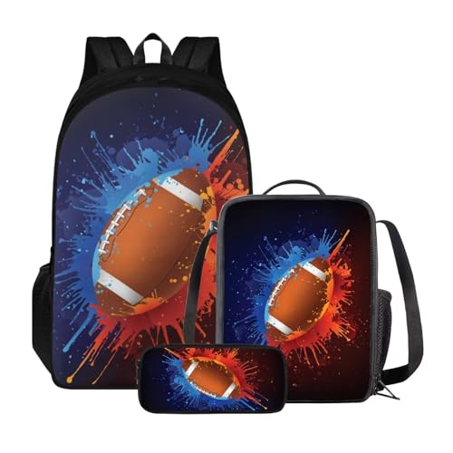 Xoenoiee Kinder-Rucksack-Set für Jungen und Mädchen, Schulrucksack, Lunchtasche, Federmäppchen, 3-in-1-Set für Schule, Picknick, Tagesrucksack, Blau-rote Farbe, American Football-Stil von Xoenoiee