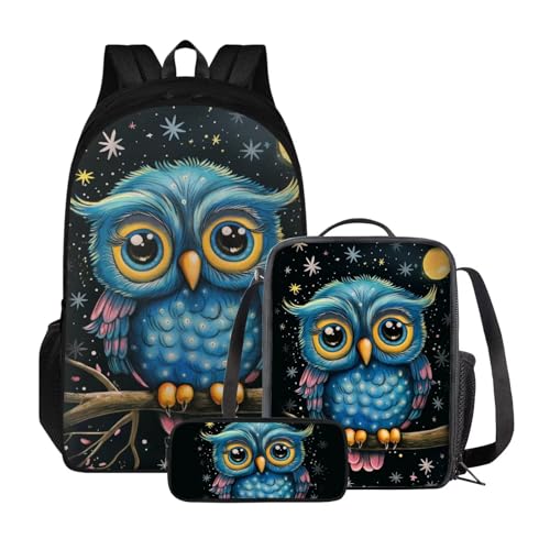 Xoenoiee Kinder-Rucksack-Set für Jungen und Mädchen, Schulrucksack, Lunchtasche, Federmäppchen, 3-in-1-Set für Schule, Picknick, Tagesrucksack, Blauer Eulen-Stil von Xoenoiee