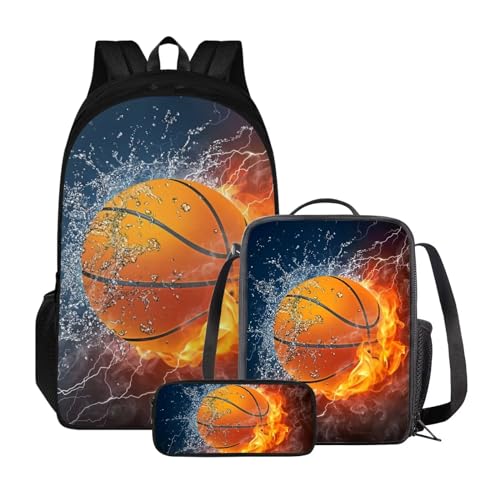 Xoenoiee Kinder-Rucksack-Set für Jungen und Mädchen, Schulrucksack, Lunchtasche, Federmäppchen, 3-in-1-Set für Schule, Picknick, Tagesrucksack, Feuerwasserspritzer, Basketball-Stil von Xoenoiee