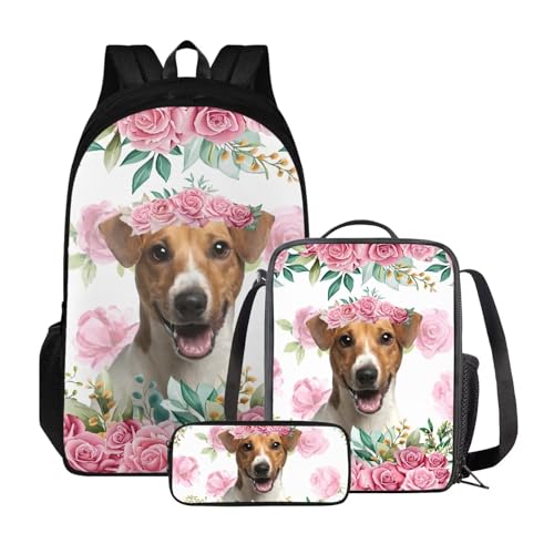 Xoenoiee Kinder-Rucksack-Set für Jungen und Mädchen, Schulrucksack, Lunchtasche, Federmäppchen, 3-in-1-Set für Schule, Picknick, Tagesrucksack, Jack Russell Terrier Floral von Xoenoiee