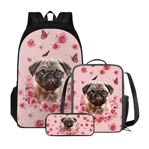 Xoenoiee Kinder-Rucksack-Set für Jungen und Mädchen, Schulrucksack, Lunchtasche, Federmäppchen, 3-in-1-Set für Schule, Picknick, Tagesrucksack, Mops, Hund, Rosa, Schmetterling, Rose von Xoenoiee