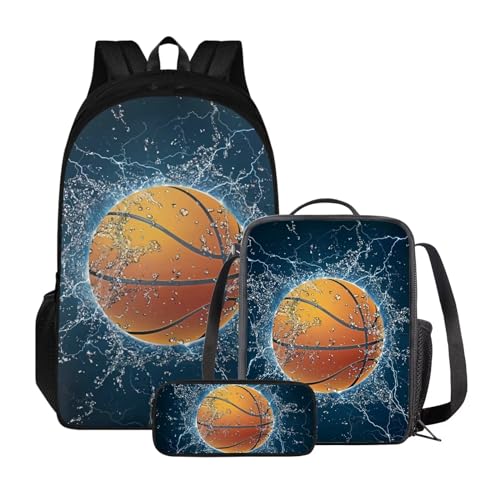 Xoenoiee Kinder-Rucksack-Set für Jungen und Mädchen, Schulrucksack, Lunchtasche, Federmäppchen, 3-in-1-Set für Schule, Picknick, Tagesrucksack, Wasserspritzer, Basketball-Stil von Xoenoiee