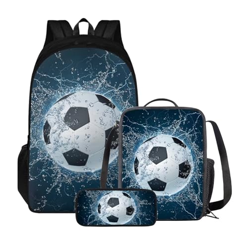 Xoenoiee Kinder-Rucksack-Set für Jungen und Mädchen, Schulrucksack, Lunchtasche, Federmäppchen, 3-in-1-Set für Schule, Picknick, Tagesrucksack, Wasserspritzer, Fußball-Stil von Xoenoiee