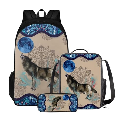 Xoenoiee Kinder-Rucksäcke, 3-teiliges Set für die Schule, großes Fassungsvermögen, wasserabweisend, mit Lunchpaket und Federmäppchen, Boho Mandala Wolf Mond von Xoenoiee