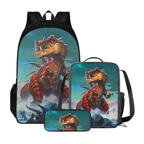 Xoenoiee Kinder-Rucksäcke, 3-teiliges Set für die Schule, großes Fassungsvermögen, wasserabweisend, mit Lunchpaket und Federmäppchen, Dinosaurier-Cool von Xoenoiee