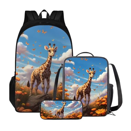 Xoenoiee Kinder-Rucksäcke, 3-teiliges Set für die Schule, großes Fassungsvermögen, wasserabweisend, mit Lunchpaket und Federmäppchen, Giraffe, Schmetterling, Blumen von Xoenoiee