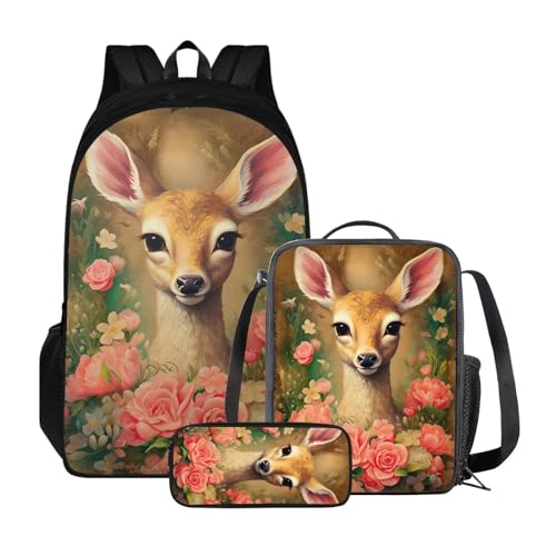 Xoenoiee Kinder-Rucksäcke, 3-teiliges Set für die Schule, großes Fassungsvermögen, wasserabweisend, mit Lunchpaket und Federmäppchen, Hirsch Rose Floral von Xoenoiee