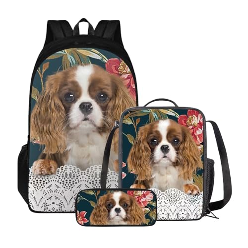 Xoenoiee Kinder-Rucksäcke, 3-teiliges Set für die Schule, großes Fassungsvermögen, wasserabweisend, mit Lunchpaket und Federmäppchen, King Charles Spaniel Floral von Xoenoiee