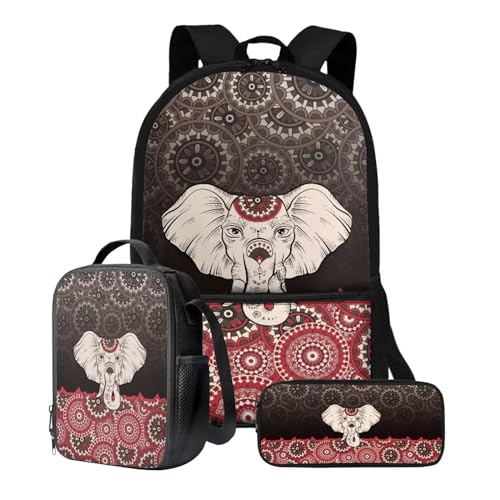 Xoenoiee Kinder-Rucksäcke, 43,2 cm, 3-teiliges Set für die Schule, großer Schulrucksack, wasserabweisend, mit Lunchpaket und Federmäppchen, Boho-Mandala-Elefant von Xoenoiee