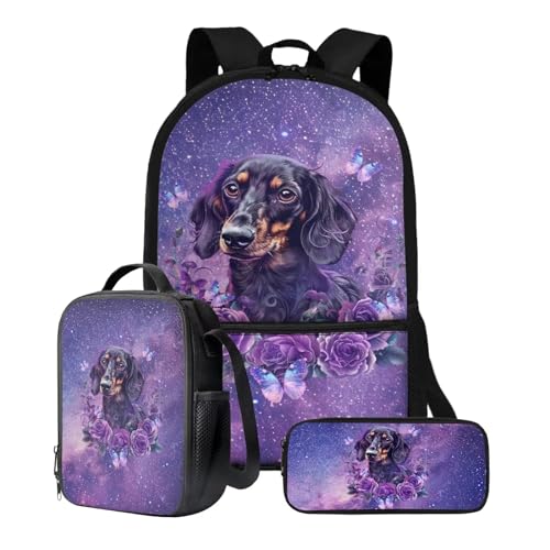 Xoenoiee Kinder-Rucksäcke, 43,2 cm, 3-teiliges Set für die Schule, großer Schulrucksack, wasserabweisend, mit Lunchpaket und Federmäppchen, Dackel-Hund, Violett, Blumengalaxie von Xoenoiee