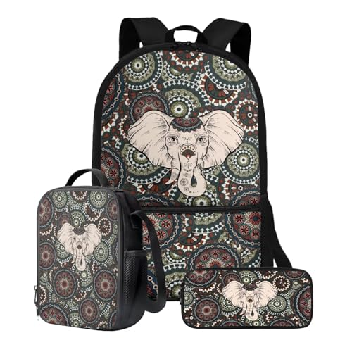 Xoenoiee Kinder-Rucksäcke, 43,2 cm, 3-teiliges Set für die Schule, großer Schulrucksack, wasserabweisend, mit Lunchpaket und Federmäppchen, Elefant Boho Mandala von Xoenoiee